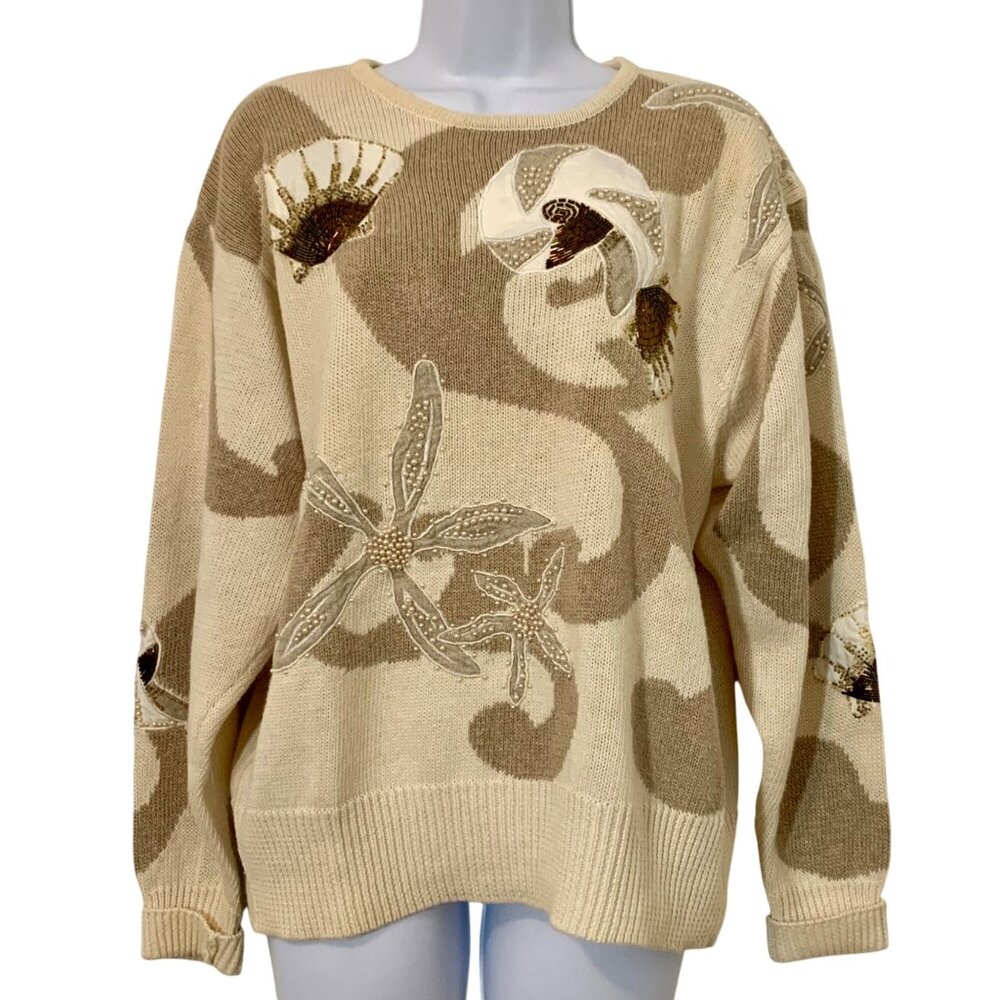 '89 IB Diffusion Embellished Beaded Seashell Sweater Womens SZ M - Hong Kong
